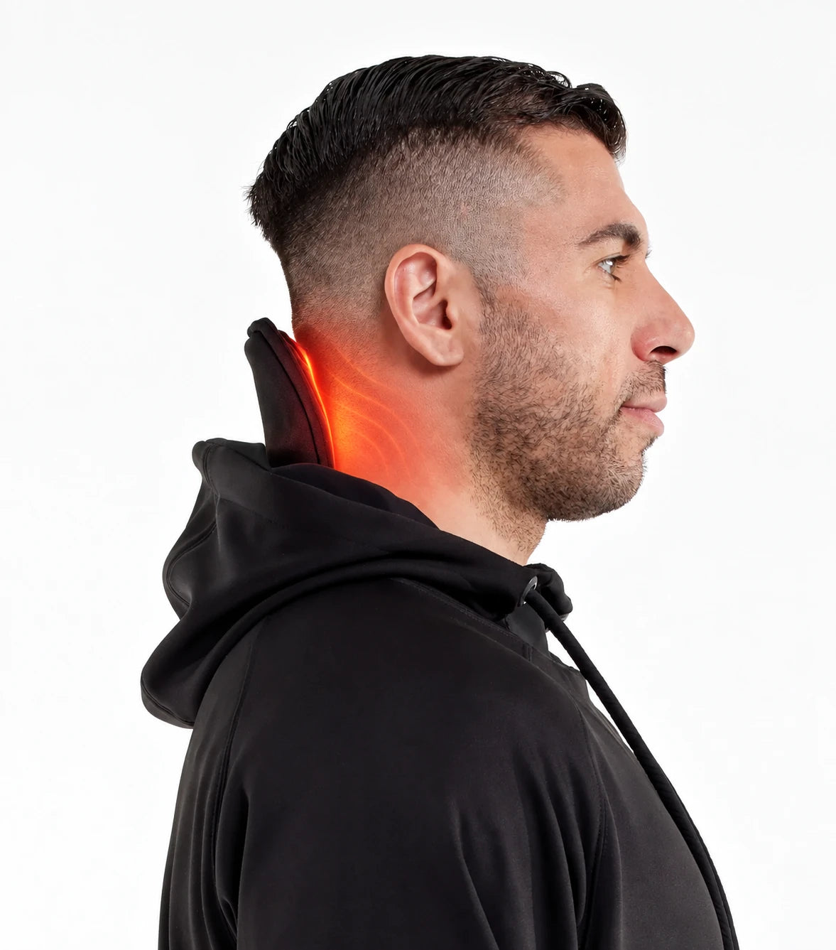 Side view of a man in the TherapyWear Relief Hoodie with heat glowing at the back of his neck