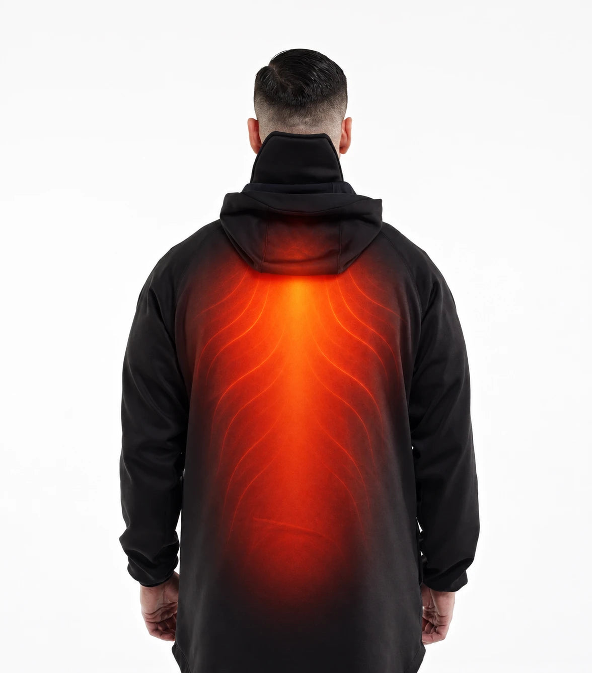 Back view of the TherapyWear Relief Hoodie with heat glowing from the neck down to the lower back