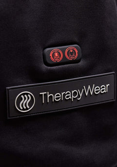 NECK and BACK heat buttons on the front pocket of the TherapyWear Relief Hoodie