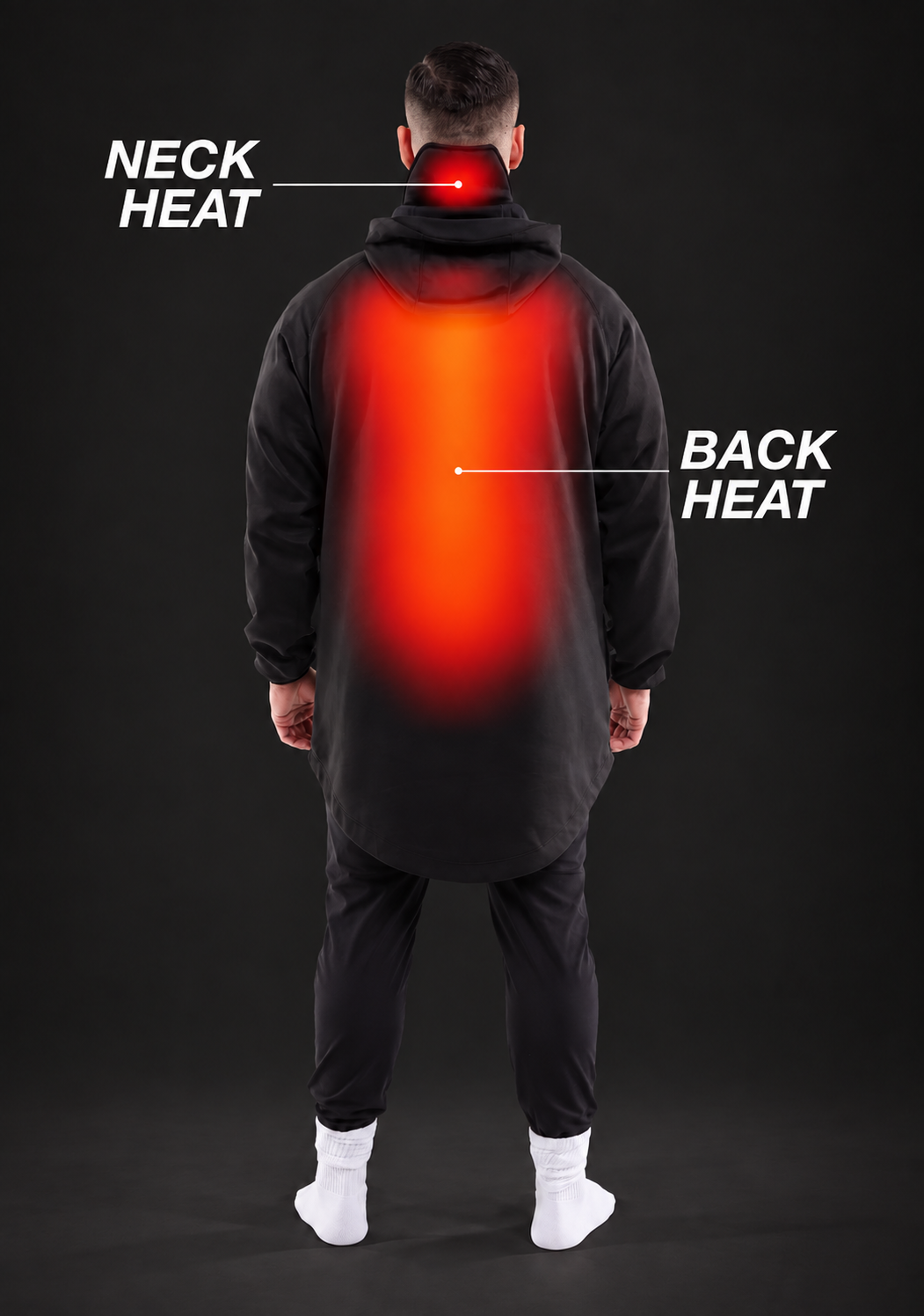 Back view of a man in the TherapyWear Relief Hoodie with NECK HEAT and BACK HEAT glowing red