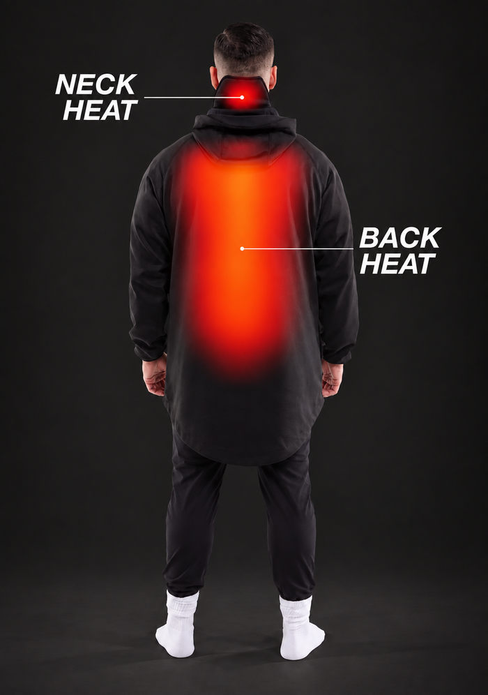 Back view of a man in the TherapyWear Relief Hoodie with NECK HEAT and BACK HEAT glowing red