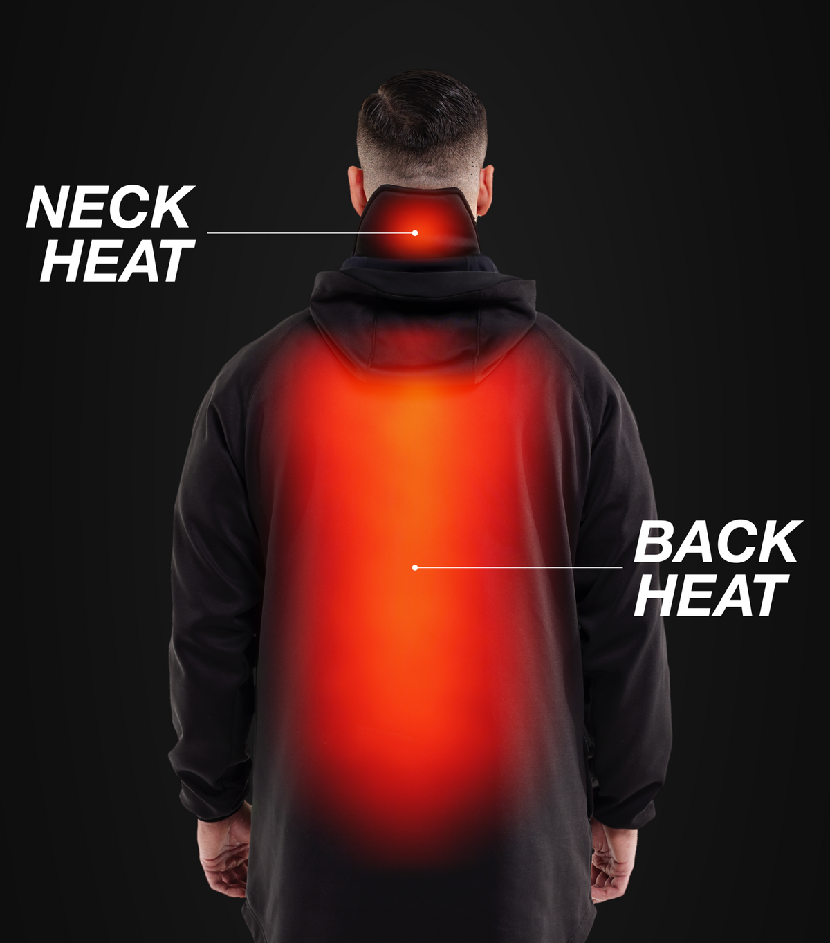 Back view of the TherapyWear Relief Hoodie with NECK HEAT and BACK HEAT glowing red